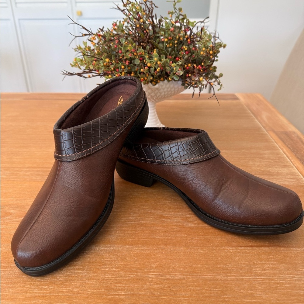 Easy Street Brown Mules with Croc-Embossed Trim
